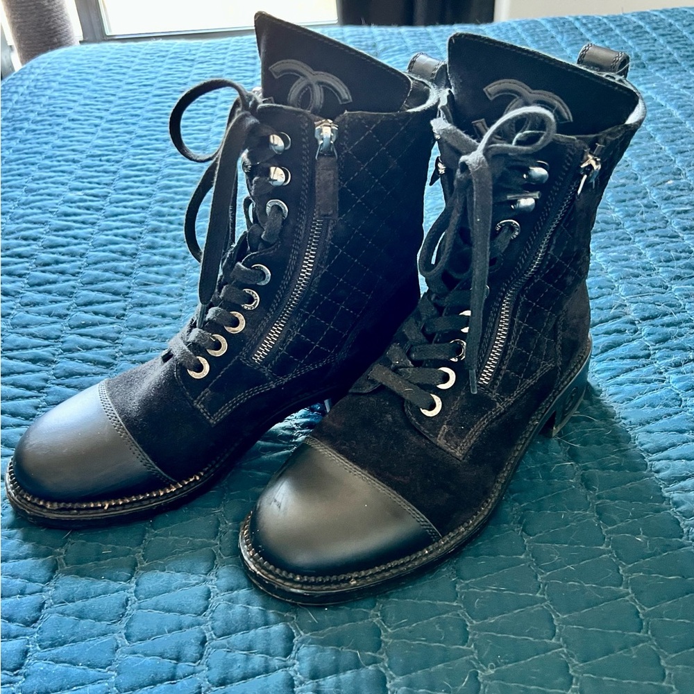 Chanel Black Suede Double CC Quilted Lace-Up Boots